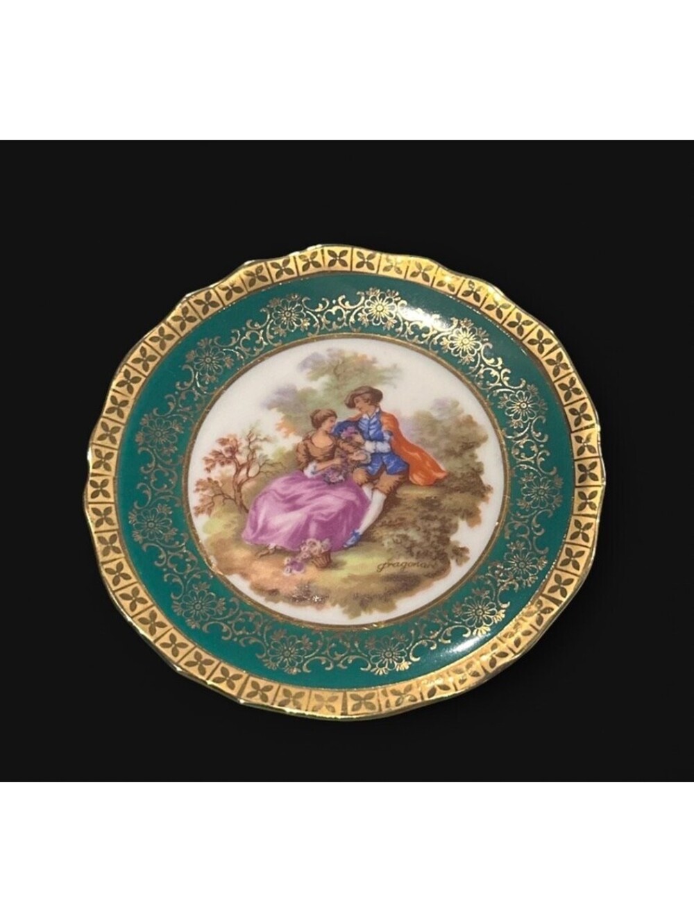 Vintage 1950’s Limoges France Green Gold Scalloped Decorative 4” Porcelain Plate